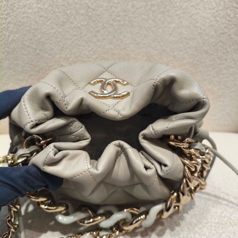 🆕 全新 CHANEL香奈兒 22C 金標雙C Logo 菱格絎縫皮穿鏈芯片款抽帶 小羊皮水桶包單肩包斜挎包 ✅正品-6