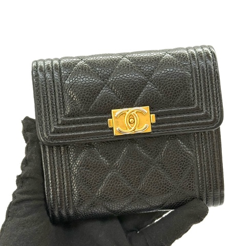CHANEL 香奈兒 黑色BOY TRIFOLD扣式短夾 A80734