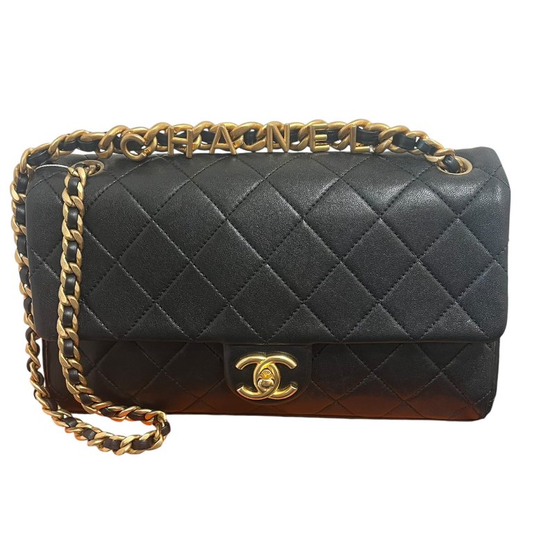 CHANEL Logo Letters Handle 菱格紋鏈條肩背包 5-529-0