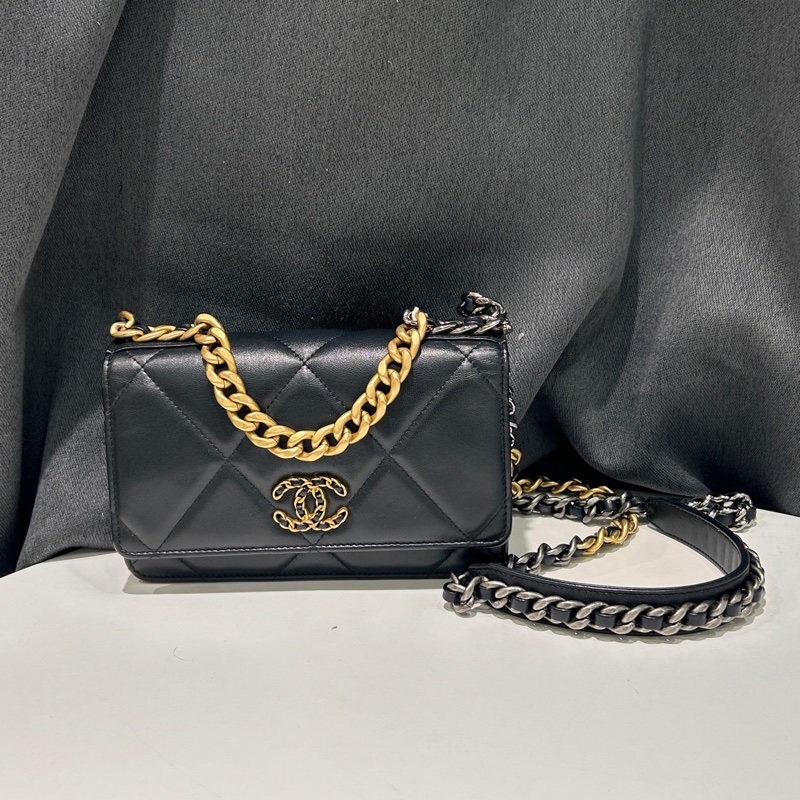 Chanel 香奈兒19bag woc 芯片款 黑金菱格山羊皮鏈條包-8