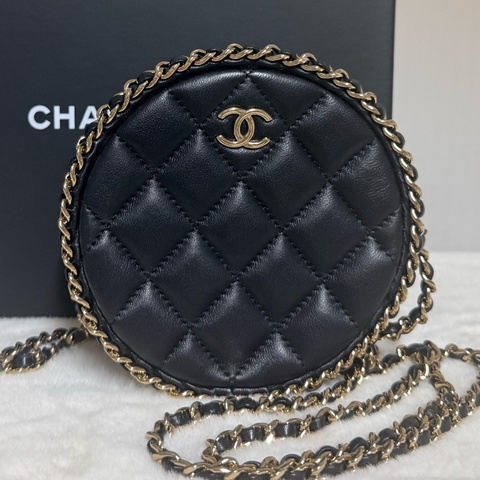 Chanel香奈兒滾邊鏈條黑金圓餅鏈條包