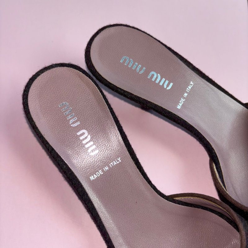 y2k ୨୧超級可愛 .ᐟ.ᐟ ::Miu Miu:: 棕色寶石蝴蝶結粗跟拖鞋 35.5號-5