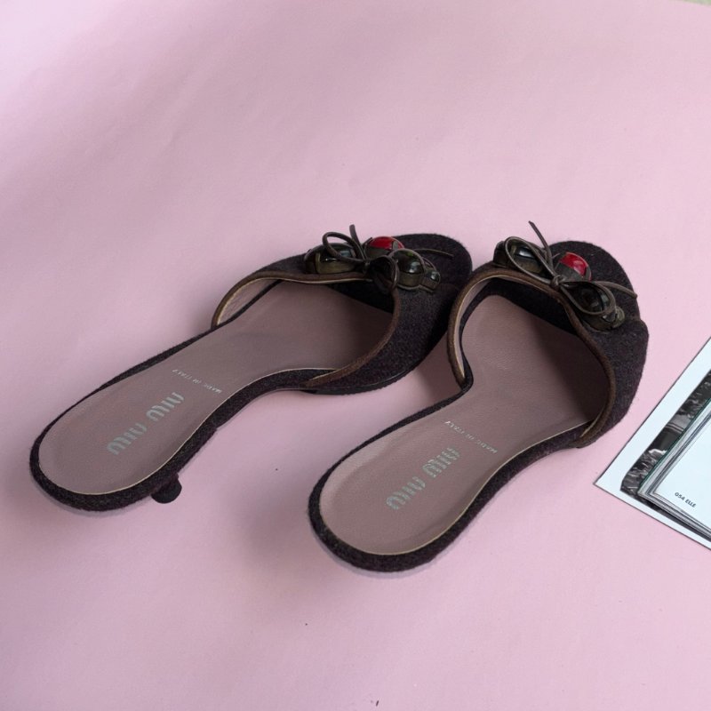 y2k ୨୧超級可愛 .ᐟ.ᐟ ::Miu Miu:: 棕色寶石蝴蝶結粗跟拖鞋 35.5號-14