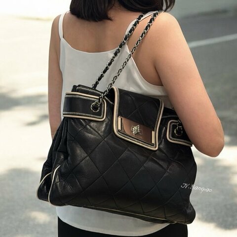 JS1233-CHANEL 黑色小羊皮絎縫下蓋肩背包A46047