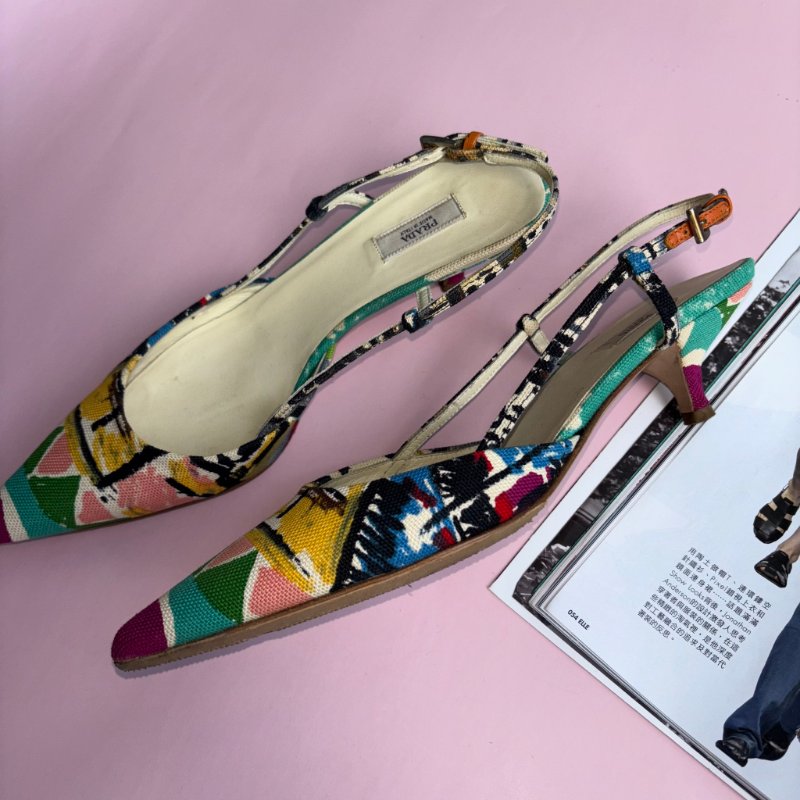 36號 ::Prada:: 維尼斯印花彩繪尖頭低跟涼鞋 Venezia Print Heal Sling Back Shoes-1