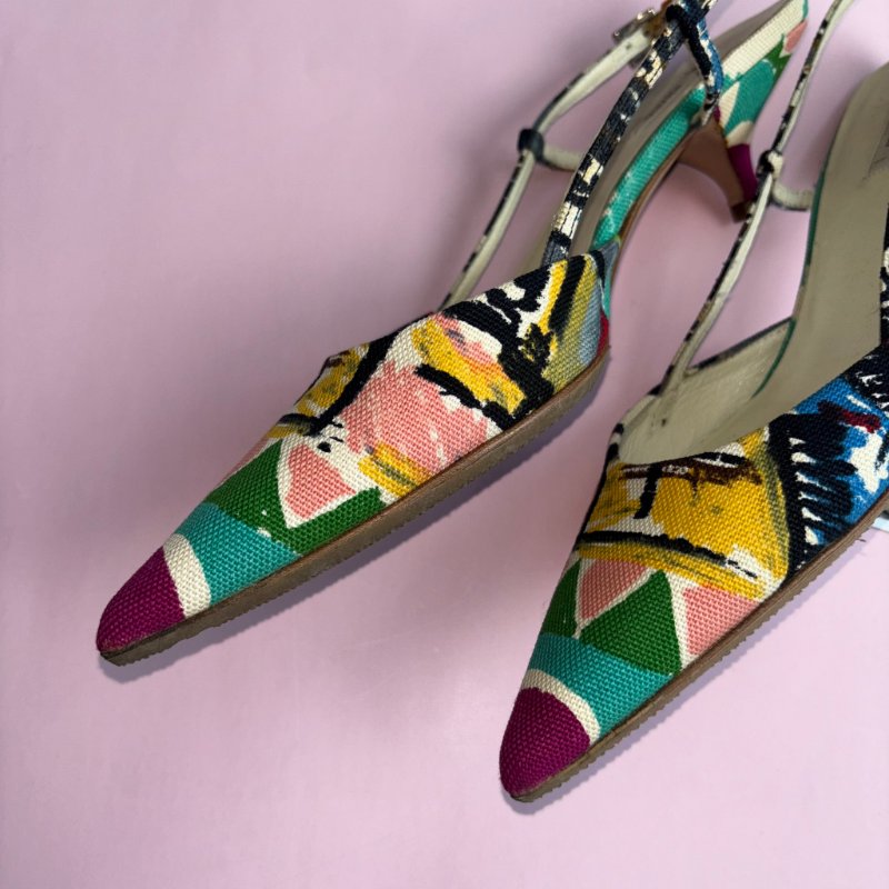 36號 ::Prada:: 維尼斯印花彩繪尖頭低跟涼鞋 Venezia Print Heal Sling Back Shoes-4