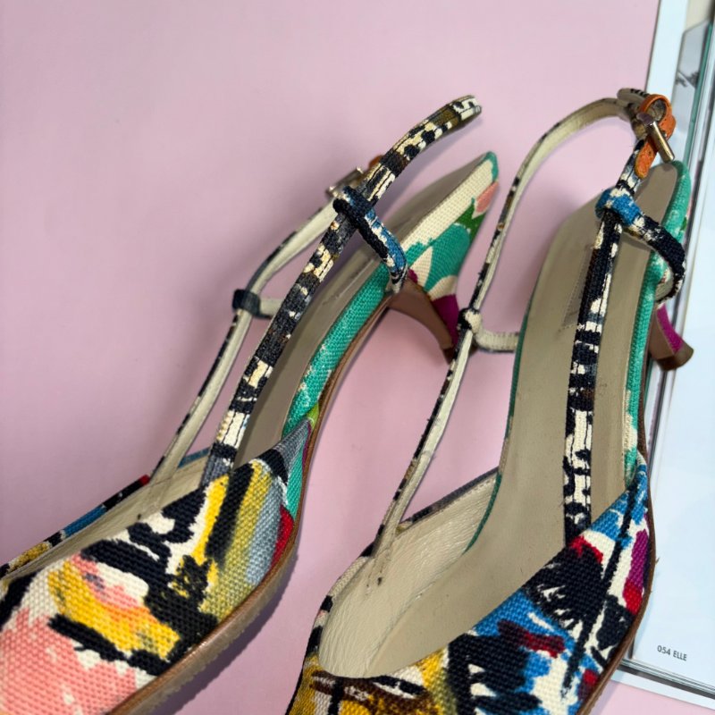 36號 ::Prada:: 維尼斯印花彩繪尖頭低跟涼鞋 Venezia Print Heal Sling Back Shoes-5