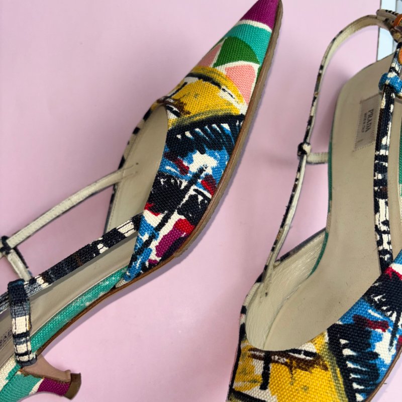 36號 ::Prada:: 維尼斯印花彩繪尖頭低跟涼鞋 Venezia Print Heal Sling Back Shoes-6
