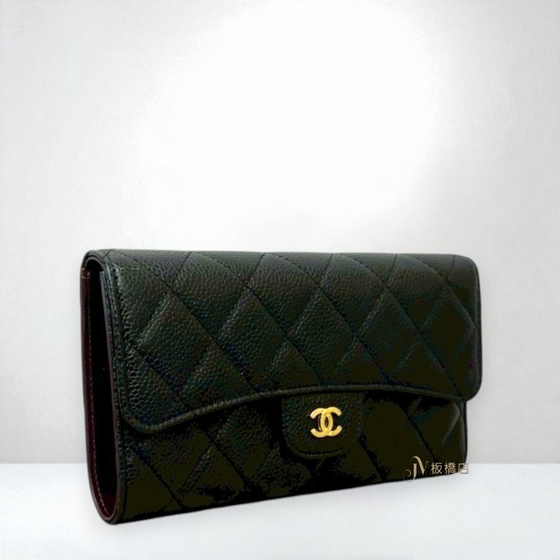 JS1243-Chanel皮夾 黑荔枝牛皮金釦三折下蓋長夾A31506-3