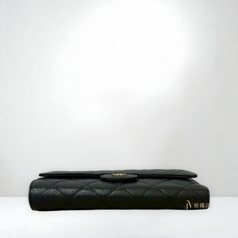 JS1243-Chanel皮夾 黑荔枝牛皮金釦三折下蓋長夾A31506-4
