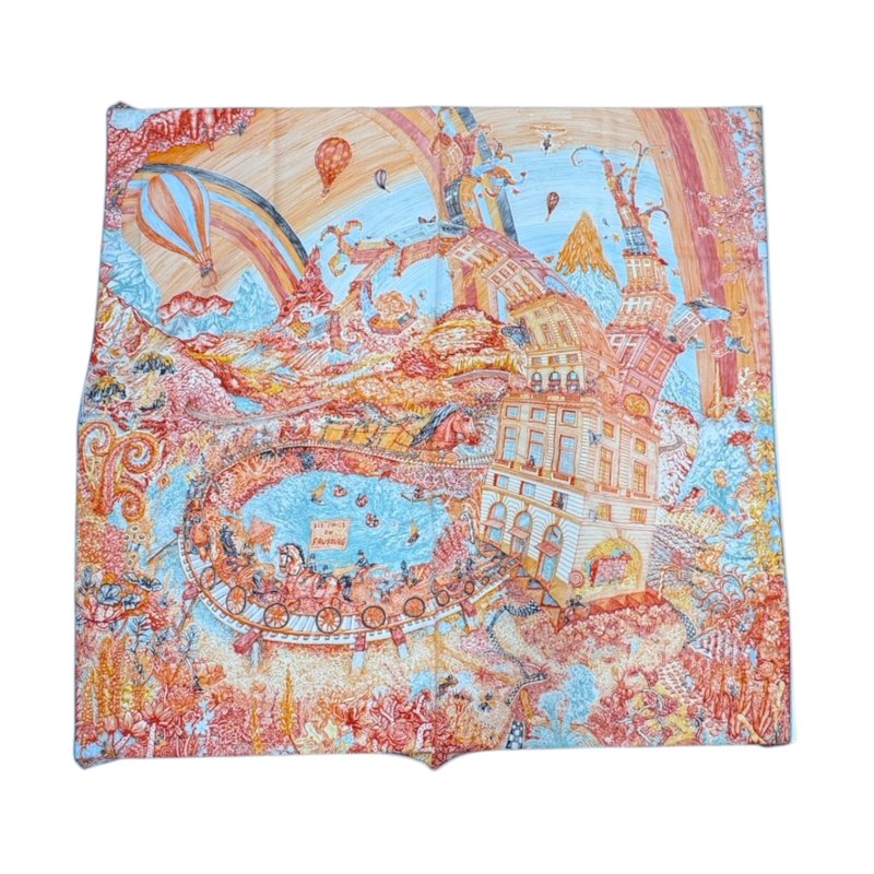 HERMES Les Folies du Faubourg 絲巾 絲綢 橘色 熱氣球圖案-0