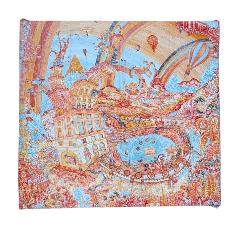HERMES Les Folies du Faubourg 絲巾 絲綢 橘色 熱氣球圖案-1