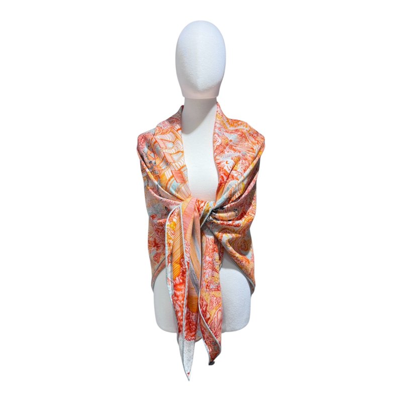 HERMES Les Folies du Faubourg 絲巾 絲綢 橘色 熱氣球圖案-2