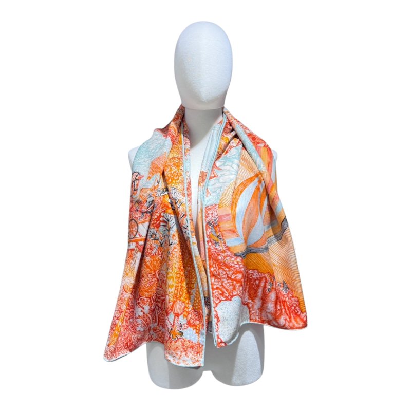 HERMES Les Folies du Faubourg 絲巾 絲綢 橘色 熱氣球圖案-4