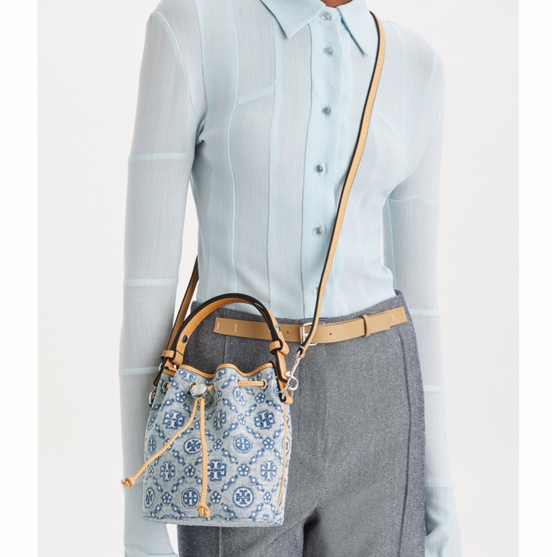 Tory Burch 女士 T Monogram 牛仔迷你水桶包均碼碼14cm*9.2cm*18cm-5
