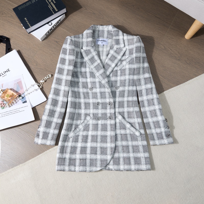 Chanel 黑白格紋雙排扣粗花呢西裝外套-0