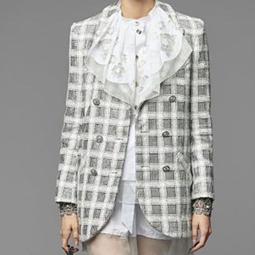 Chanel 黑白格紋雙排扣粗花呢西裝外套-1