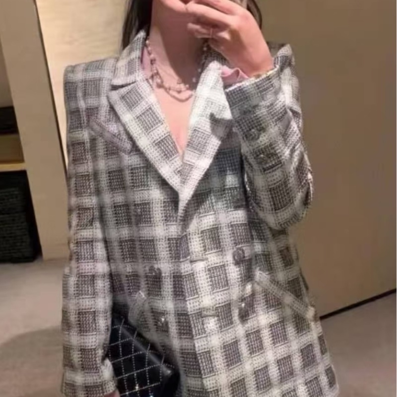 Chanel 黑白格紋雙排扣粗花呢西裝外套-3