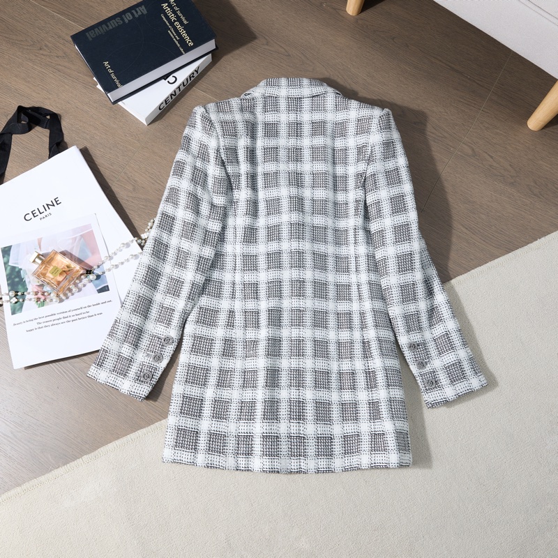 Chanel 黑白格紋雙排扣粗花呢西裝外套-9