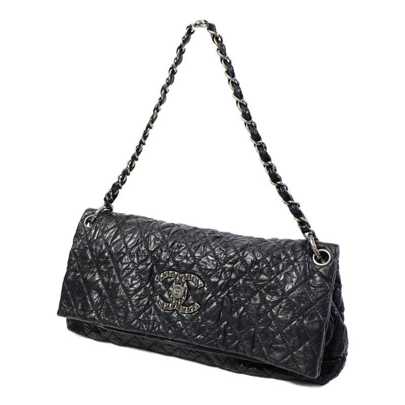 CHANEL 牛皮皮革Quilted Crinkled Calfskin Fold-Over Bag鏈帶肩背袋-2