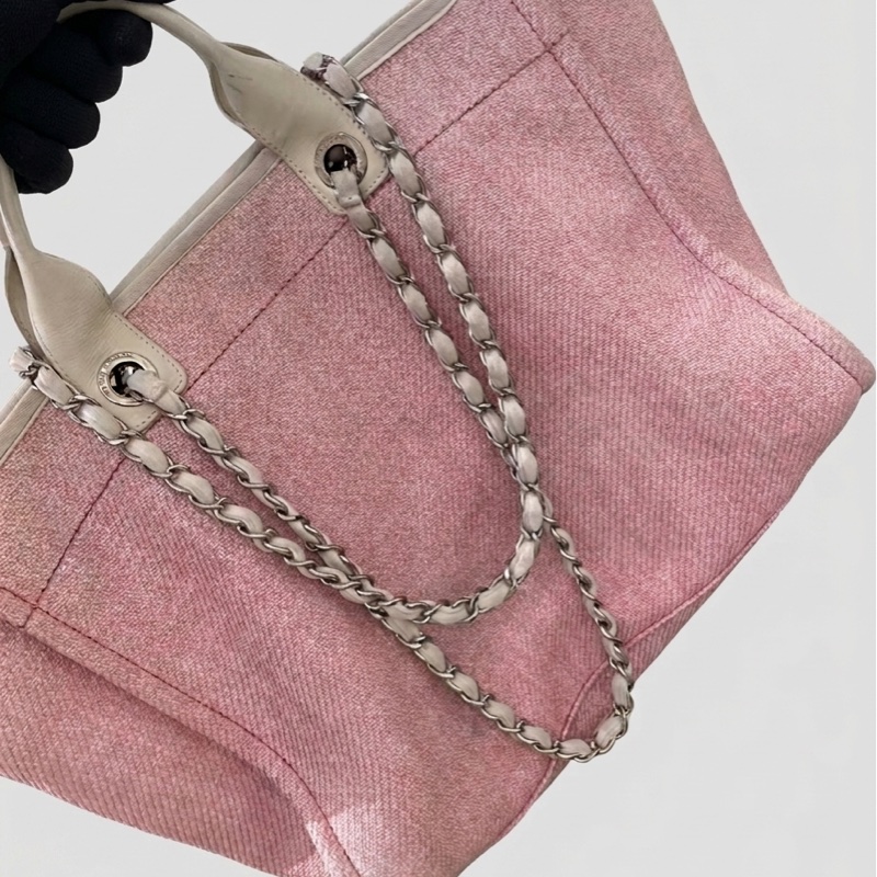 Chanel 粉色拼白 大號 沙灘包 18開 尺寸:38*19*30-2