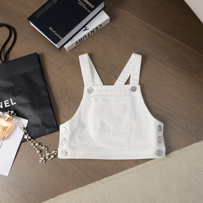 Chanel 白色壓花短款牛仔背心上衣-0