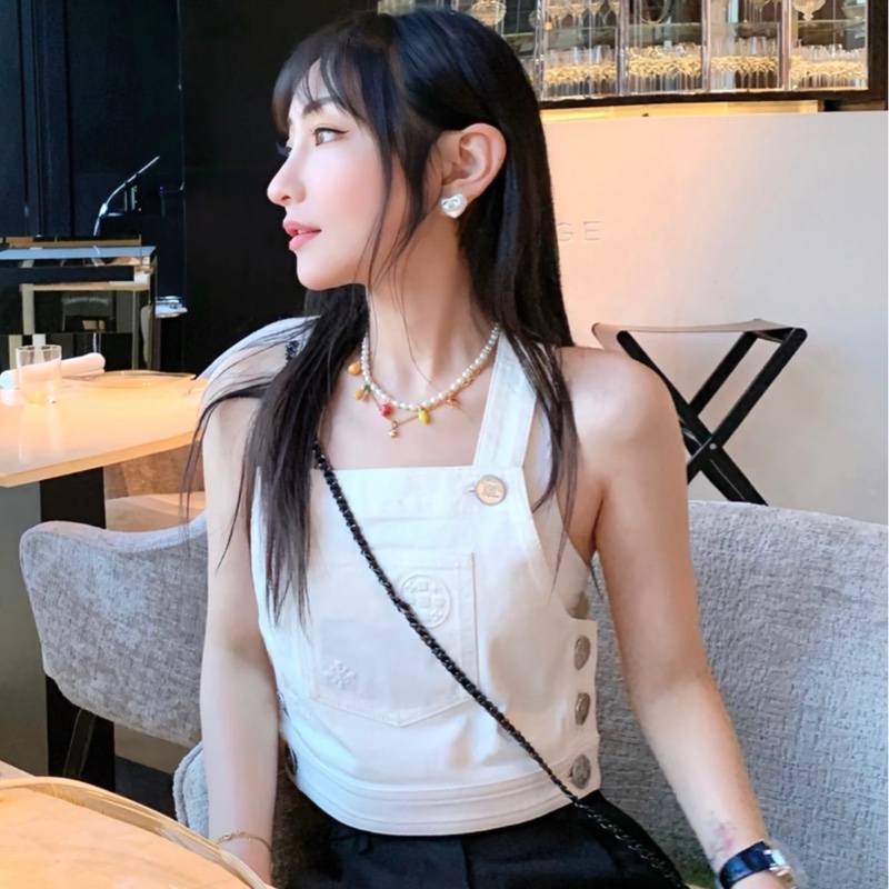 Chanel 白色壓花短款牛仔背心上衣-2