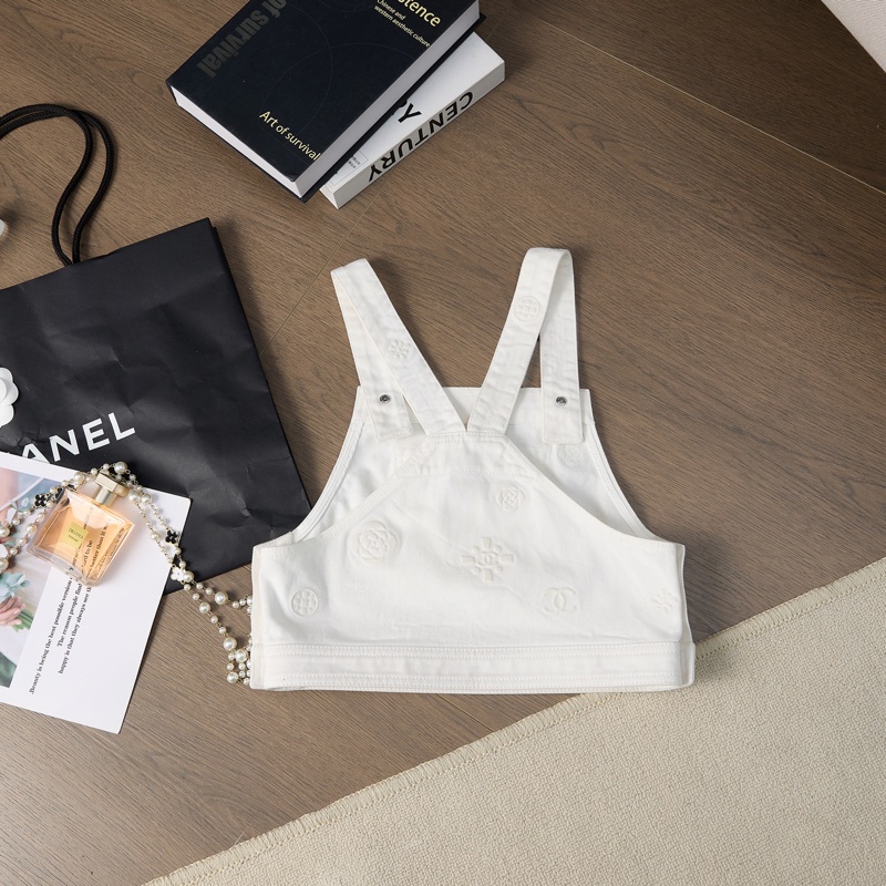 Chanel 白色壓花短款牛仔背心上衣-8