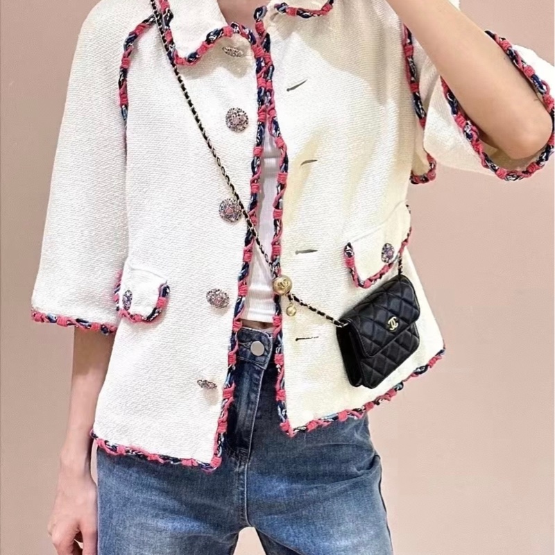 Chanel 白粗花呢彩辮滾邊中袖外套-1