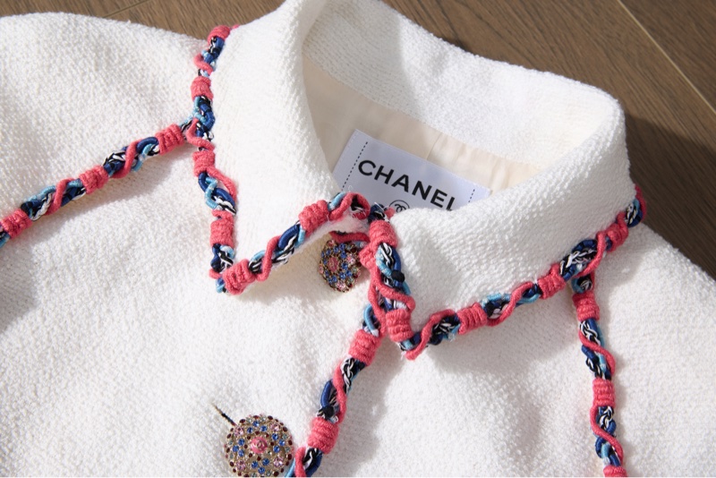 Chanel 白粗花呢彩辮滾邊中袖外套-2