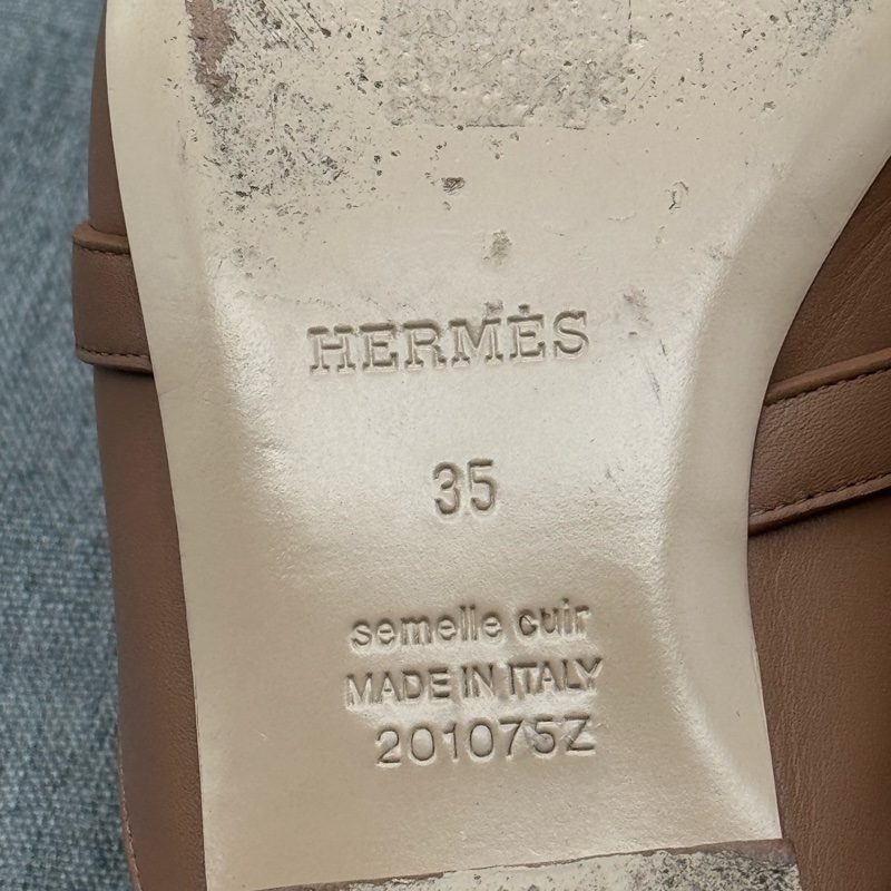 Hermes愛馬仕拖鞋 kelly淡棕色銀扣穆勒半拖 卡其色 奶茶色 35碼-5