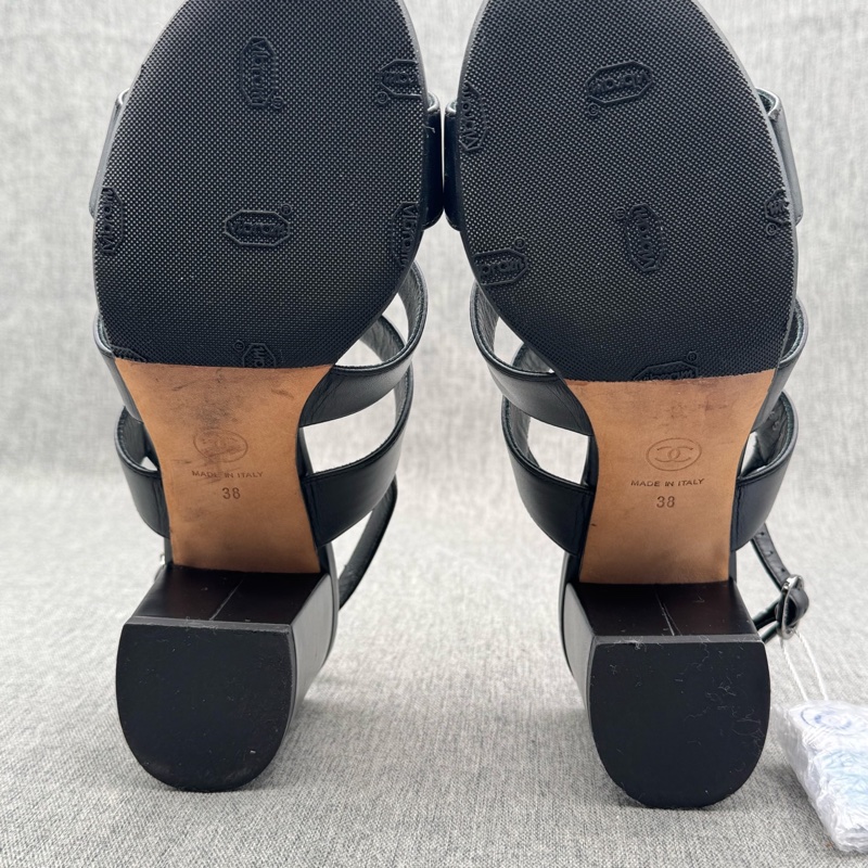 Chanel香奈兒黑色粗跟涼鞋 38碼 中古書包扣涼鞋 超美-3