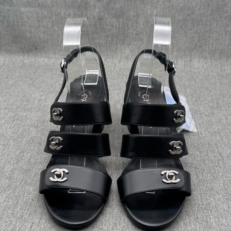 Chanel香奈兒黑色粗跟涼鞋 38碼 中古書包扣涼鞋 超美-5