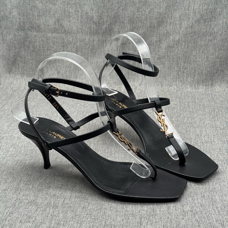 SAINT LAURENT YSL聖羅蘭 CASSANDRA 小貓跟方頭 一字帶涼鞋 38.5碼 。-3