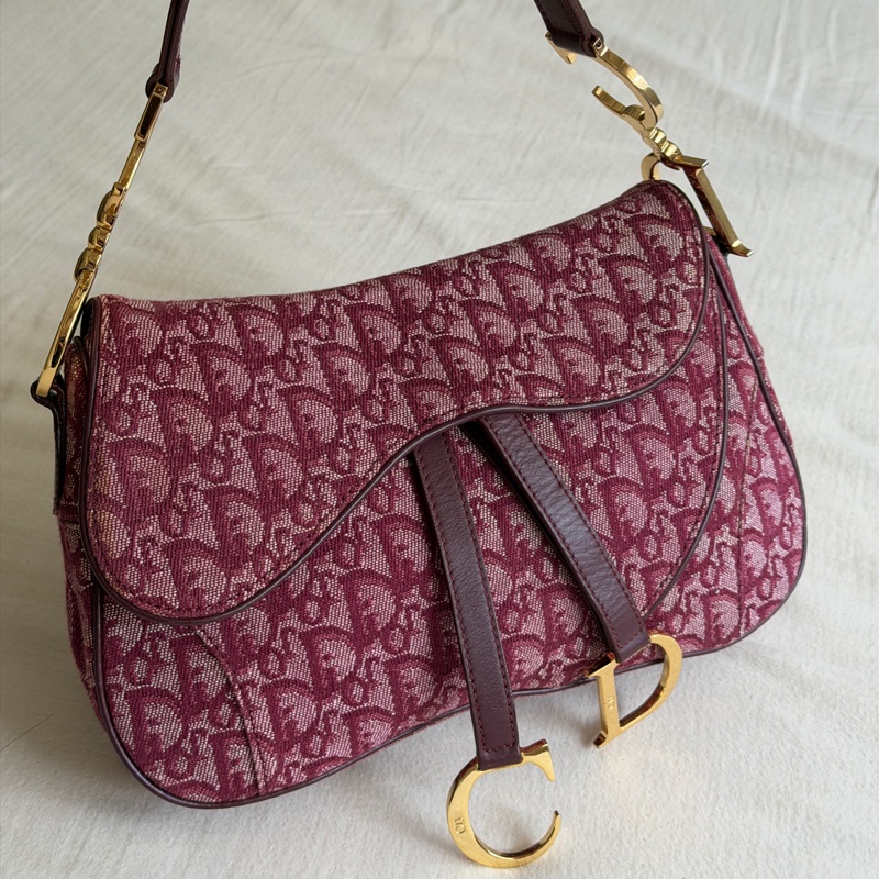 🍷Vintage Christian Dior Saddle bag 迪奧 酒紅金釦馬鞍包 稀有雙馬鞍-1