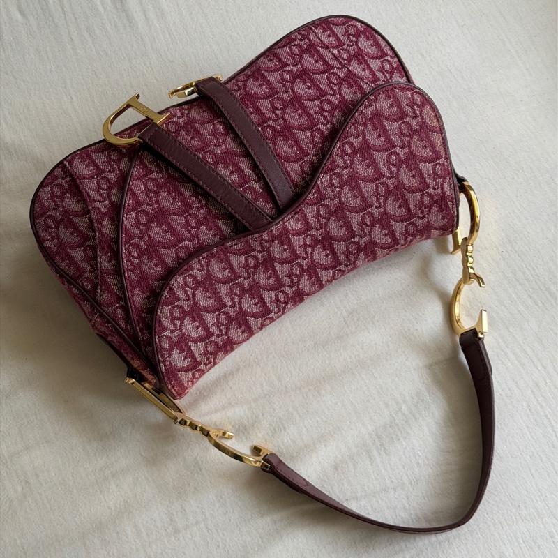 🍷Vintage Christian Dior Saddle bag 迪奧 酒紅金釦馬鞍包 稀有雙馬鞍-2