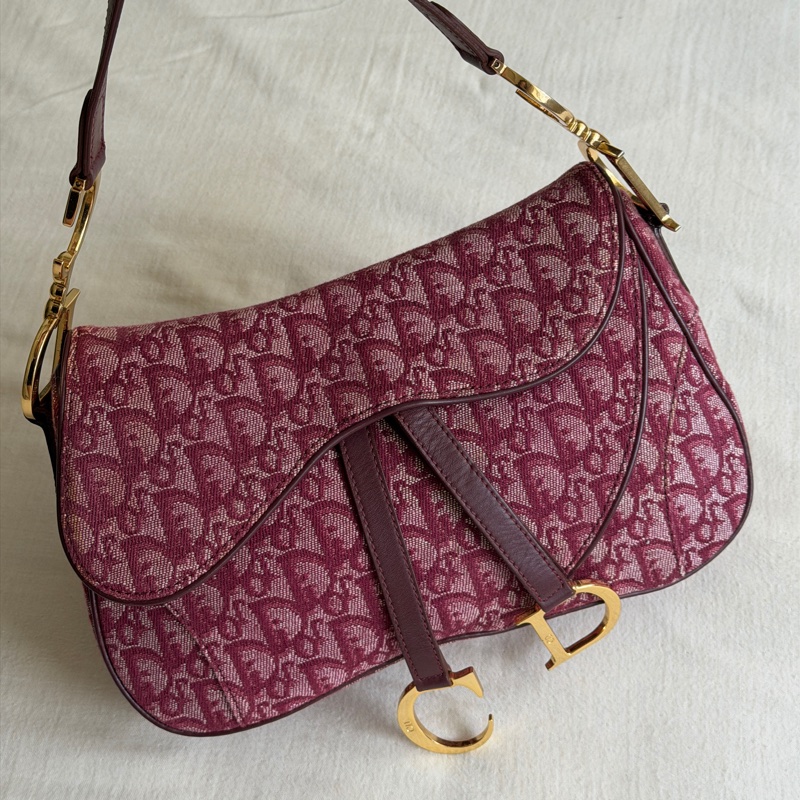 🍷Vintage Christian Dior Saddle bag 迪奧 酒紅金釦馬鞍包 稀有雙馬鞍-7