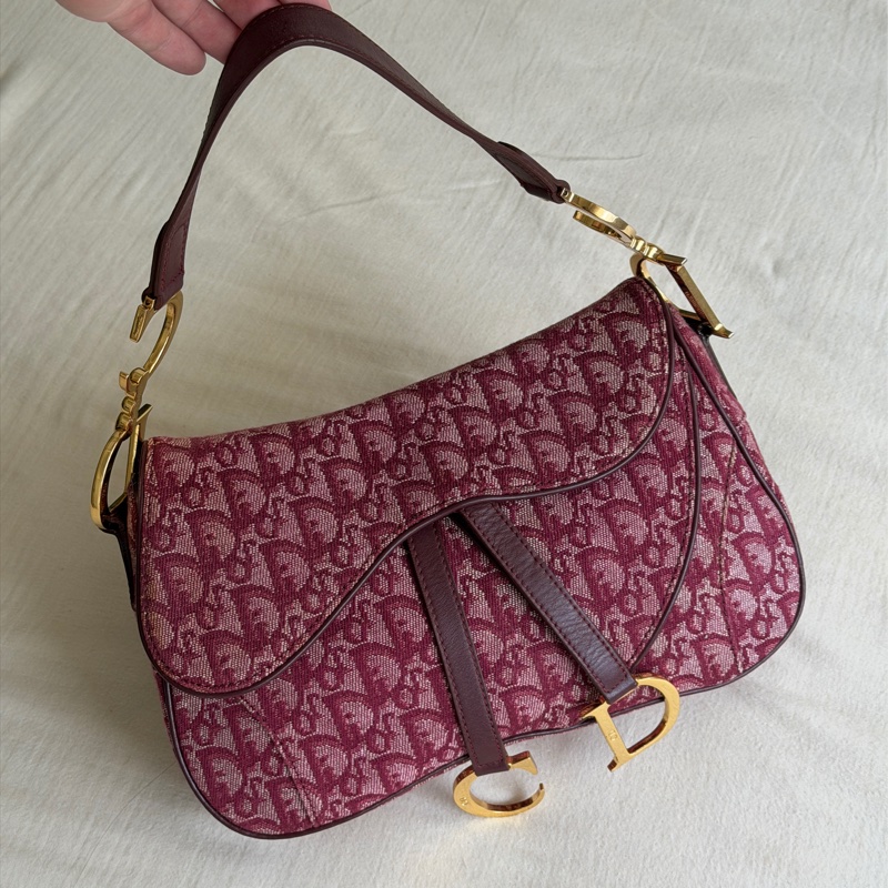 🍷Vintage Christian Dior Saddle bag 迪奧 酒紅金釦馬鞍包 稀有雙馬鞍-9