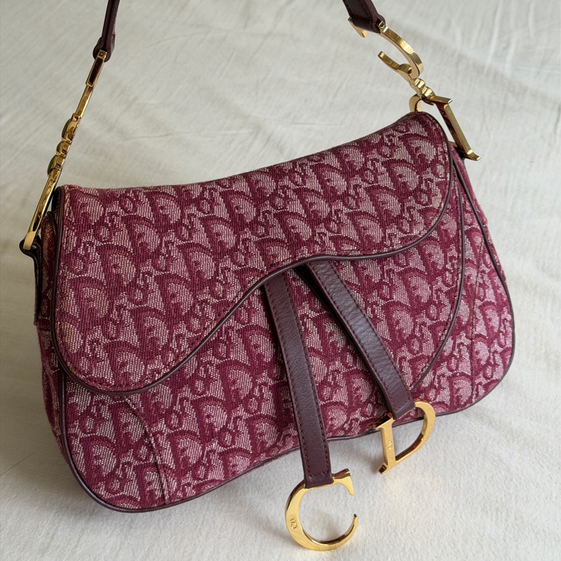 🍷Vintage Christian Dior Saddle bag 迪奧 酒紅金釦馬鞍包 稀有雙馬鞍-10