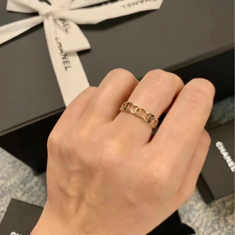Chanel 香奈兒 雙C鏤空 戒指 淡金色52碼-5