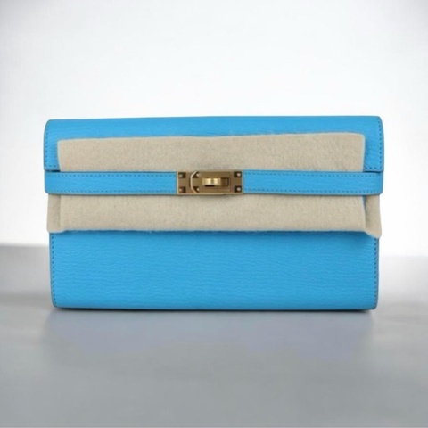 「JL精品代購」98新 Hermes 愛馬仕 Kelly 孔雀藍 長夾