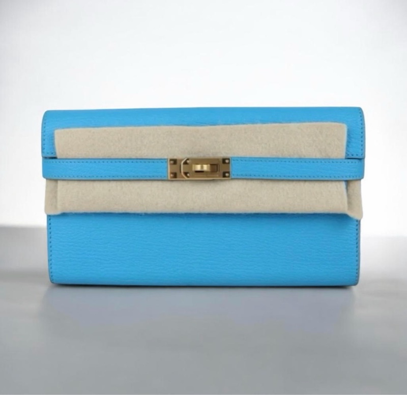 「JL精品代購」98新 Hermes 愛馬仕 Kelly 孔雀藍 長夾-0