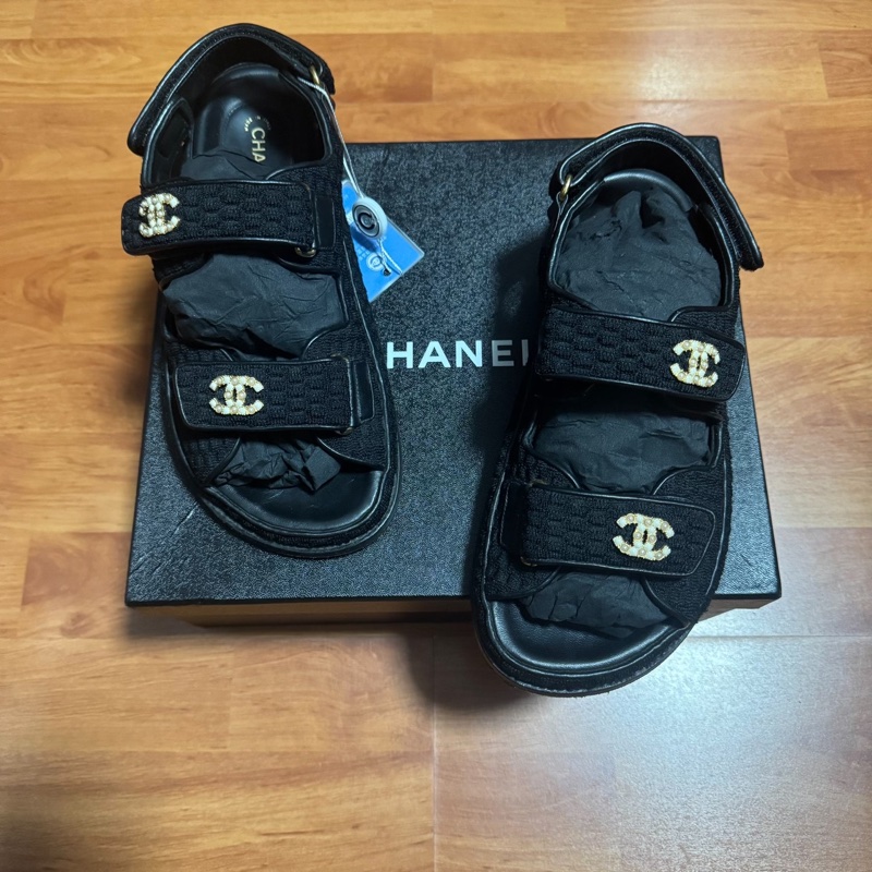 Chanel正品香奈兒徽標沙灘鞋 一字帶涼鞋 女款 黑色 37碼-1