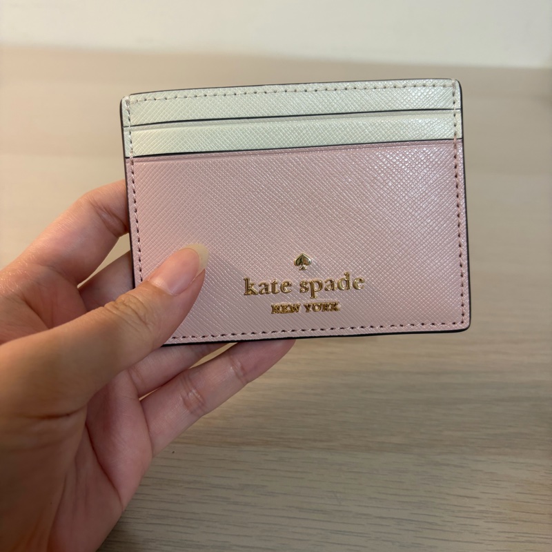 (全新)KATE SPADE Madison防刮皮革拼色卡夾 米白/粉色-0