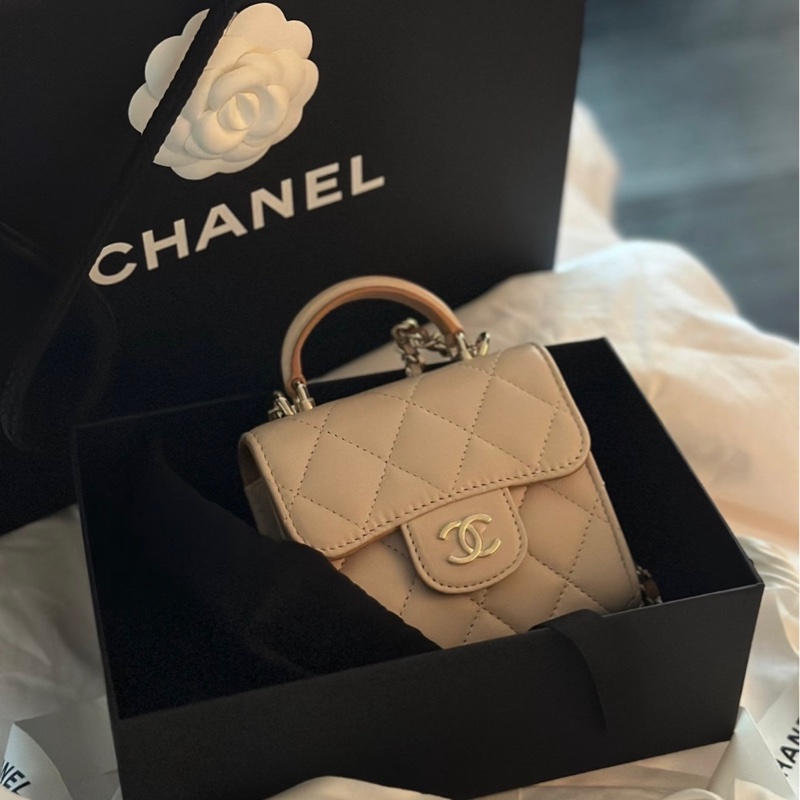 Chanel 香奈兒 23P奶茶金扣 Trendy 小廢包 拼色手柄 芯片款-5