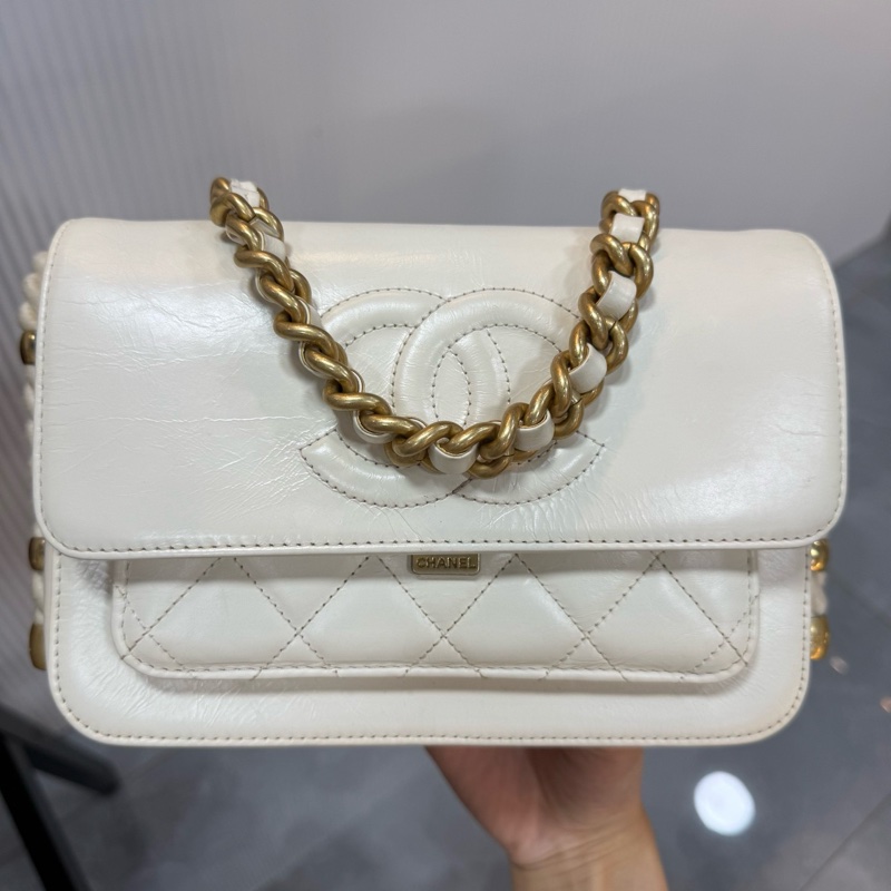 CHANEL 香奈兒 2Ways 秀款 孟買麻繩郵差手提斜挎包 白金牛皮-4