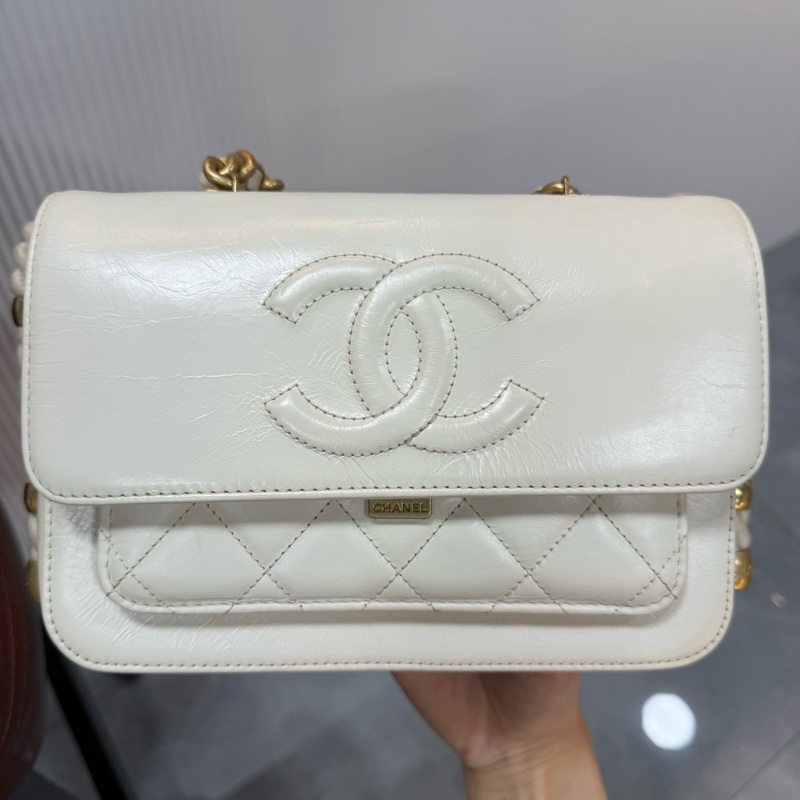 CHANEL 香奈兒 2Ways 秀款 孟買麻繩郵差手提斜挎包 白金牛皮-5