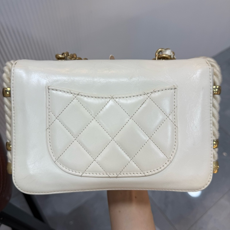 CHANEL 香奈兒 2Ways 秀款 孟買麻繩郵差手提斜挎包 白金牛皮-7