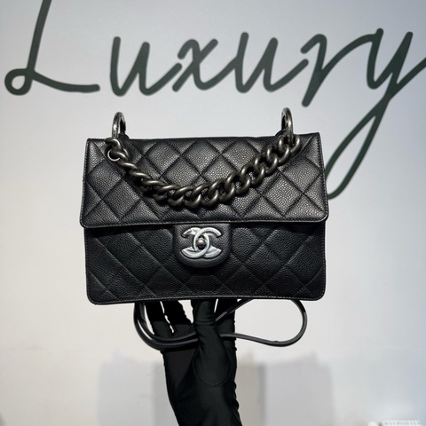 CHANEL 香奈兒 孟買 小號二合一郵差手提斜挎鏈條包 黑銀荔枝牛皮 尺寸24×17cm 20開