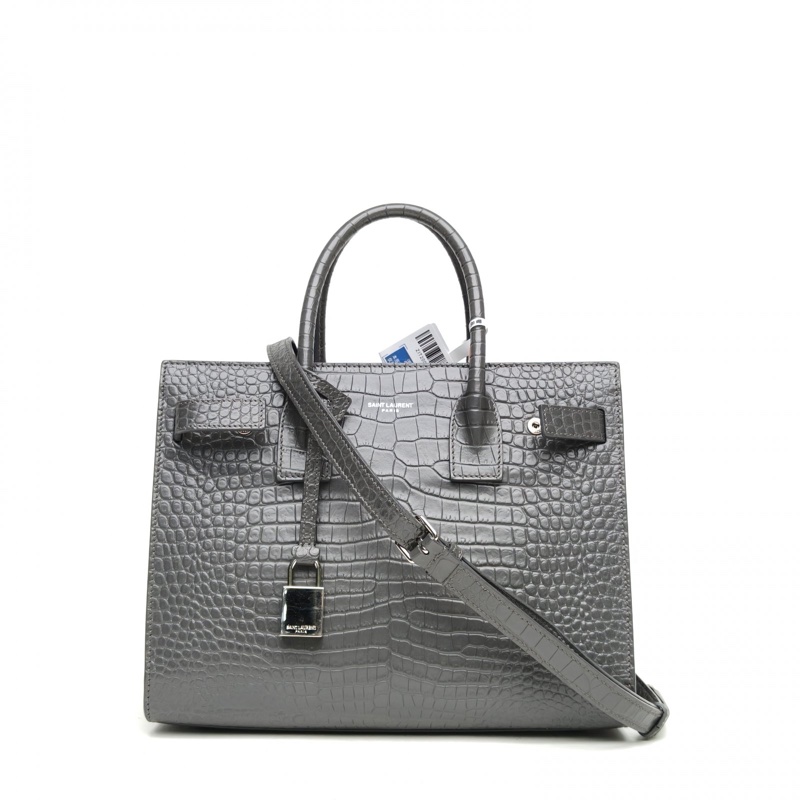 SAINT LAURENT ClassicSacDeJour風琴包中號灰色牛皮銀扣肩背包-0